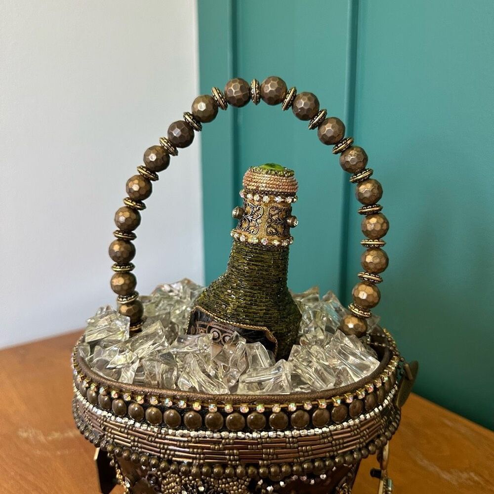 Mary Frances Brown Beaded CHAMPAGNE Bucket Bag with Gold Accents 🍾 🥂 - Picture 2 of 16